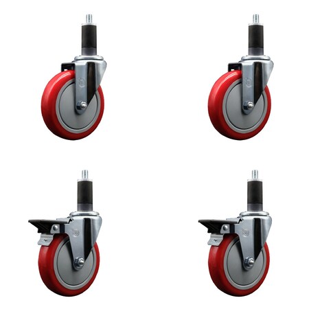 Service Caster 5'' Red Poly Wheel Swivel 1-1/4'' Expanding Stem Caster Set 2 Brakes, 4PK SCC-EX20S514-PPUB-RED-2-PLB-2-114